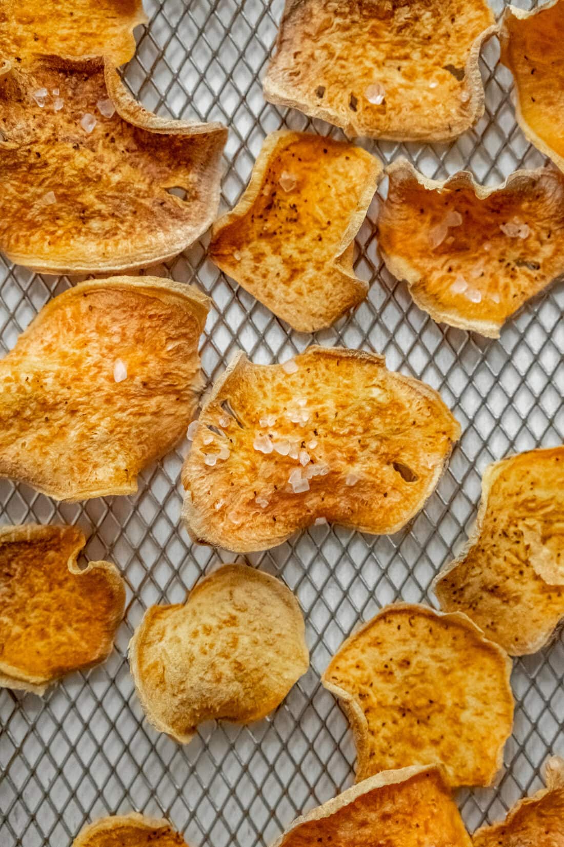 Air Fryer Sweet Potato Chips on a rack