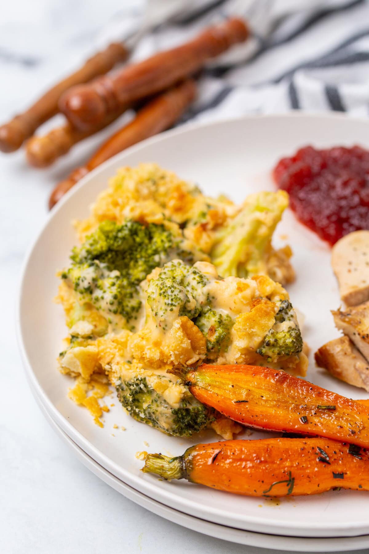 Broccoli Casserole on a plate with dinner