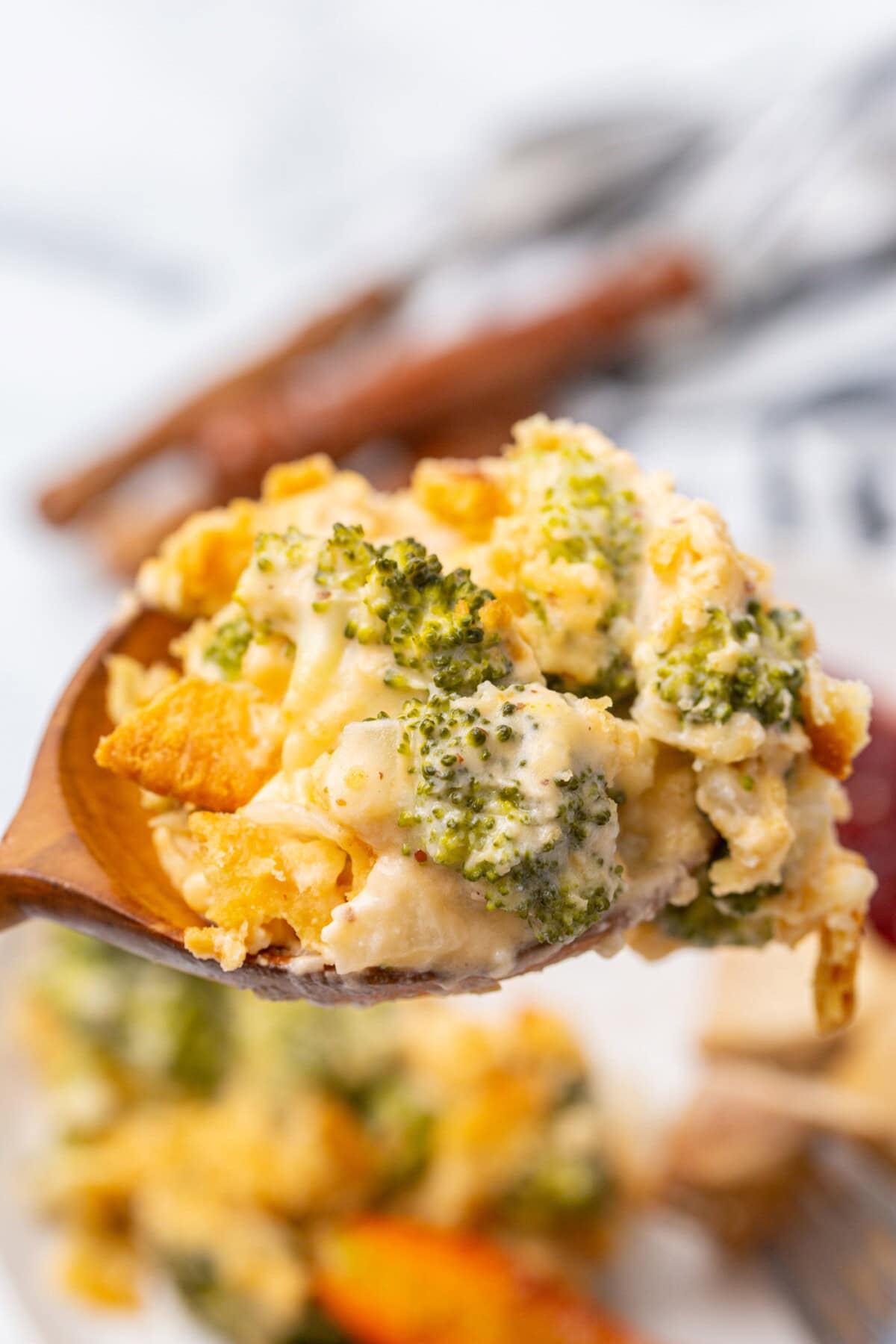 wooden spoon of Broccoli Casserole