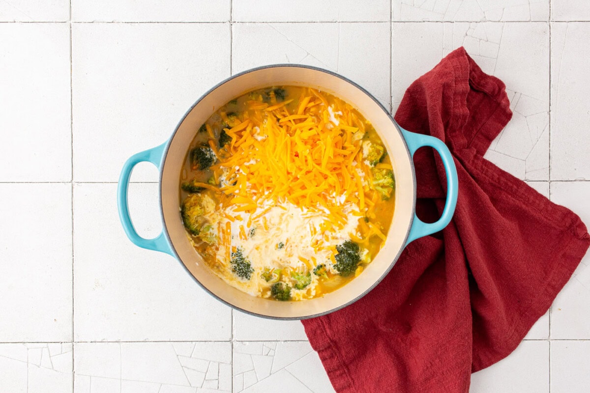 shredded cheddar cheese and half and half added to broccoli cheese soup