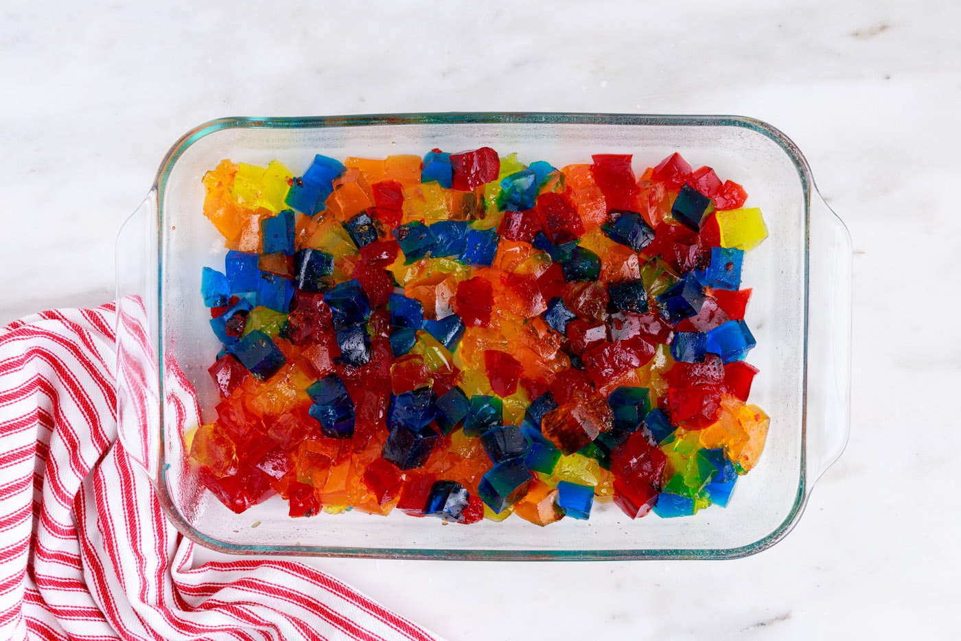 cubed jello pieces in a baking dish