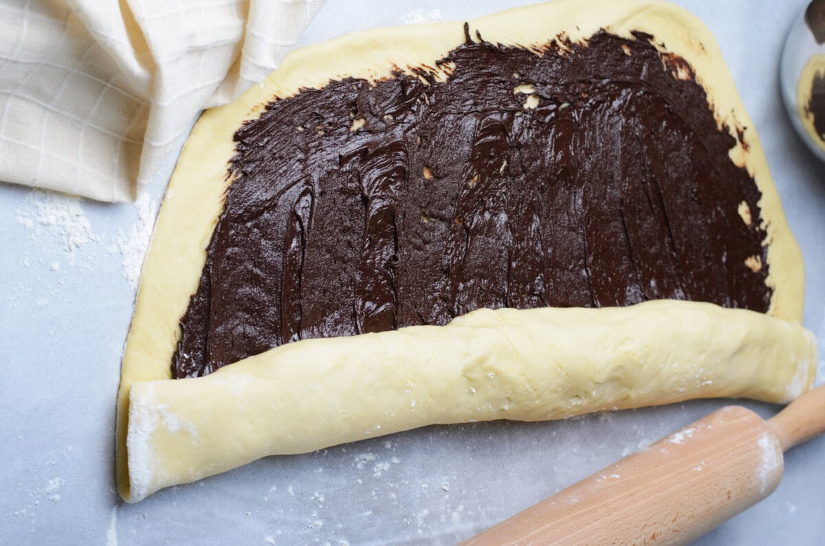rolling chocolate mixture into dough