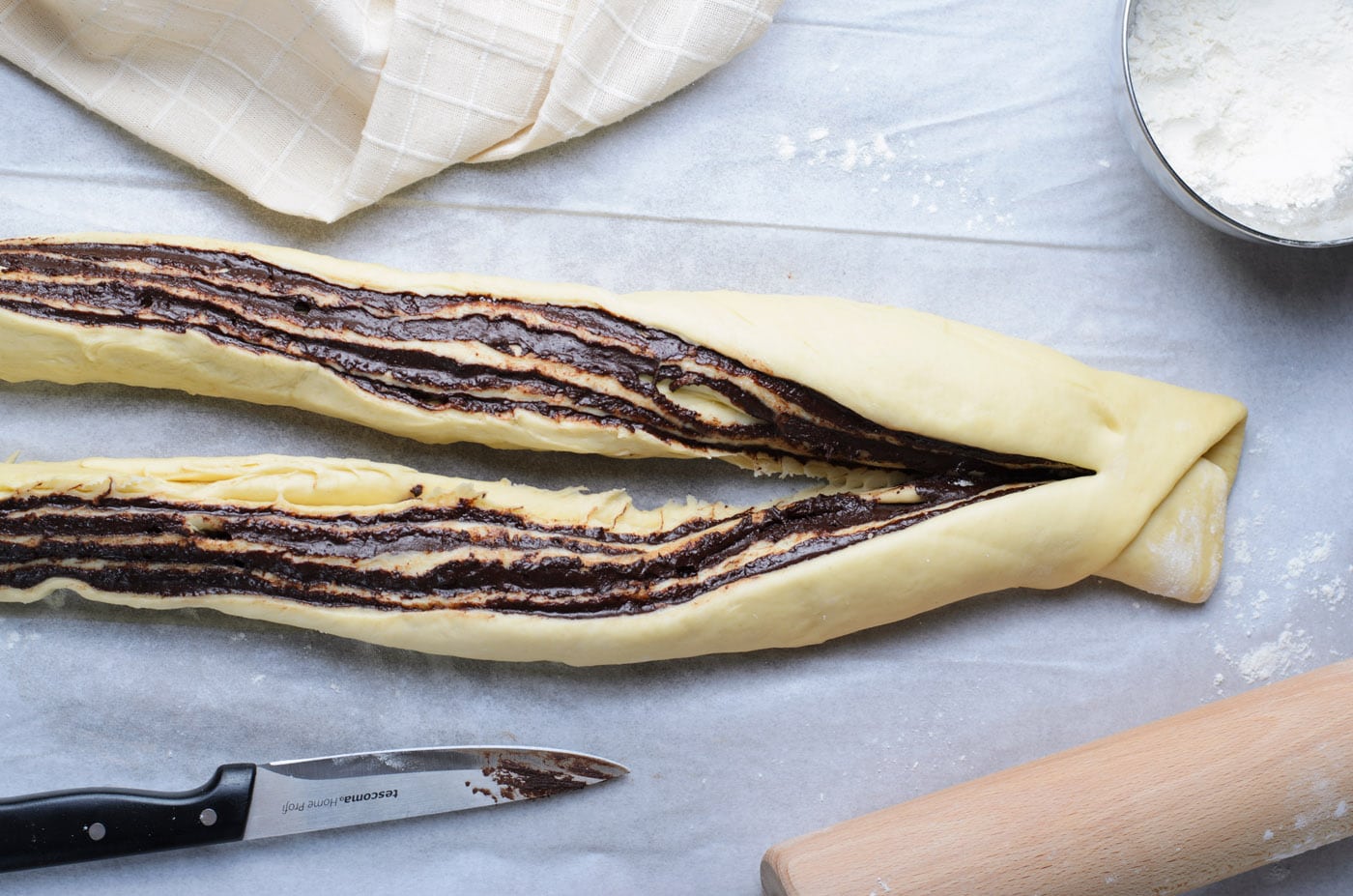 chocolate babka dough sliced in half