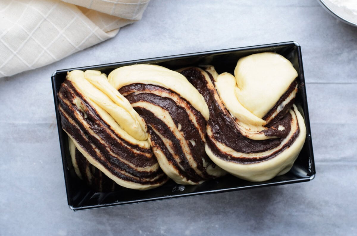chocolate babka dough in pan