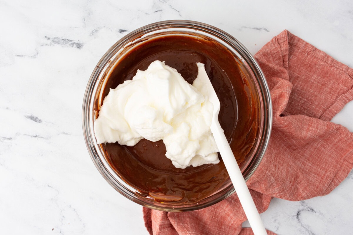 folding whipped egg yolk into chocolate mousse