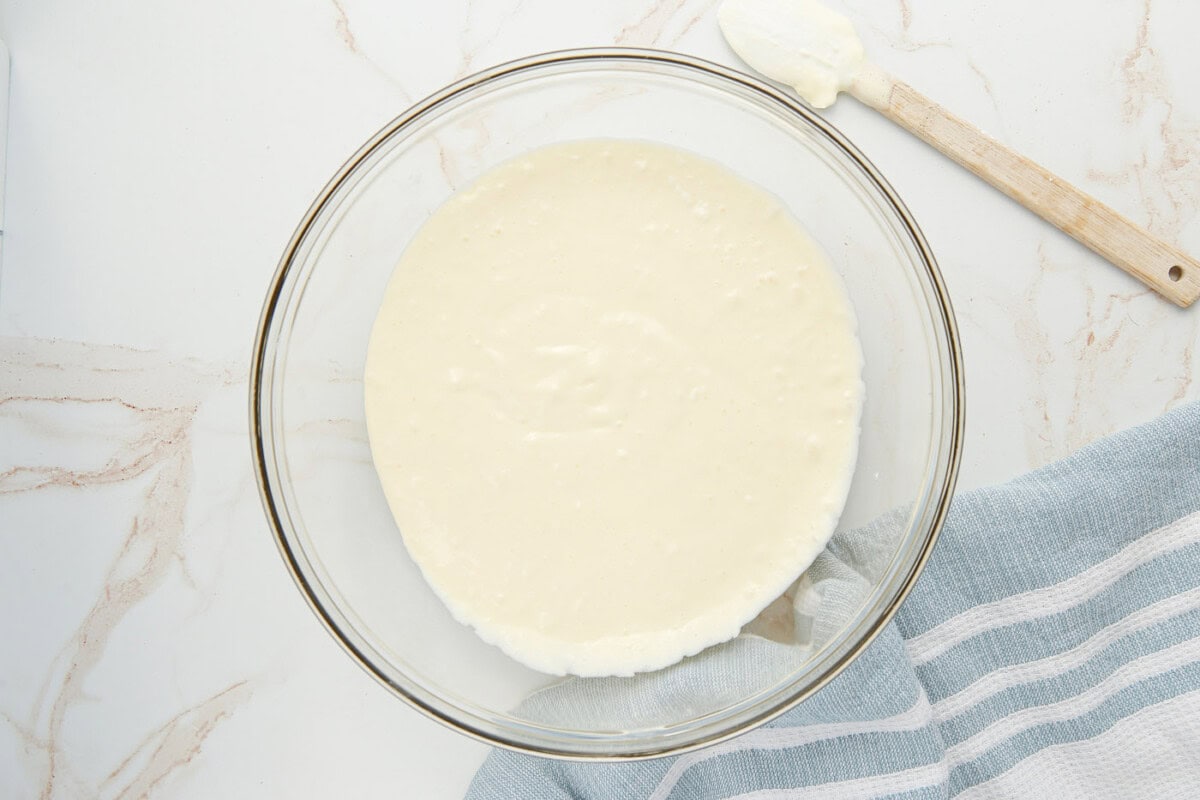 cheesecake mixture in a mixing bowl