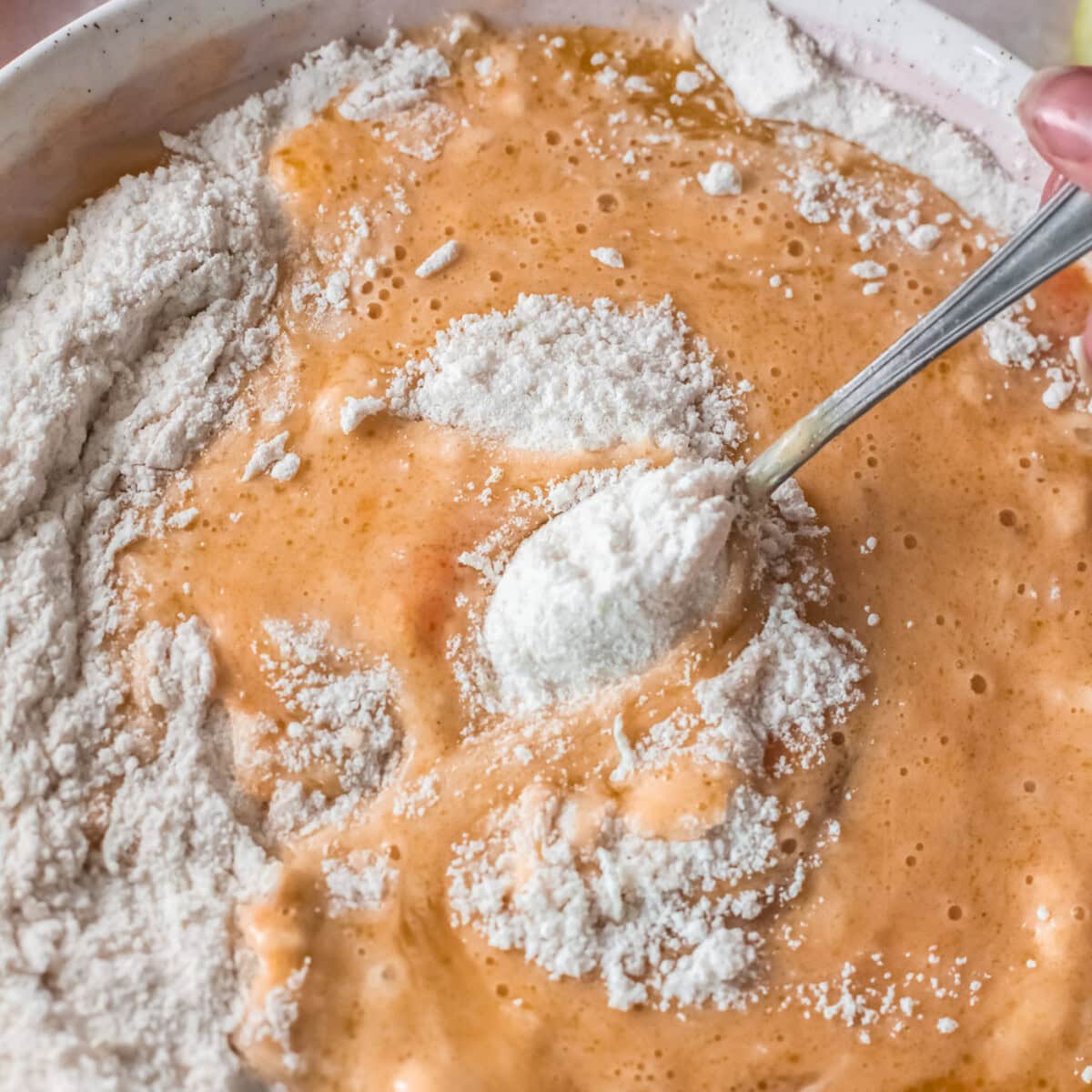 mixing wet ingredients into dry ingredients for donuts