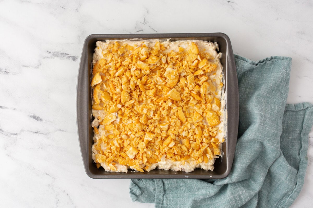 Ritz crackers on top of million dollar chicken casserole