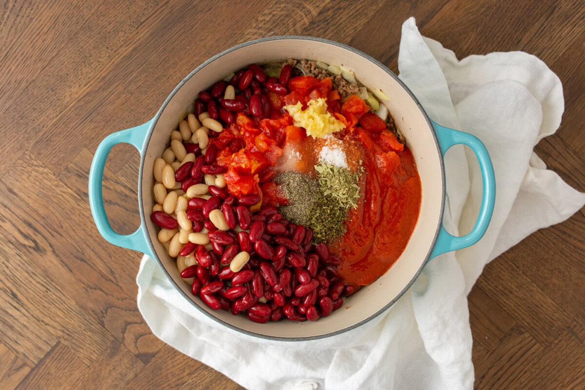pasta fagioli ingredients in a pot
