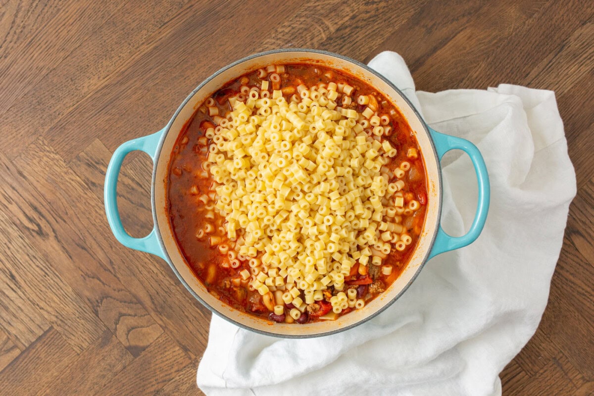 cooked pasta noodles in pasta fagioli soup