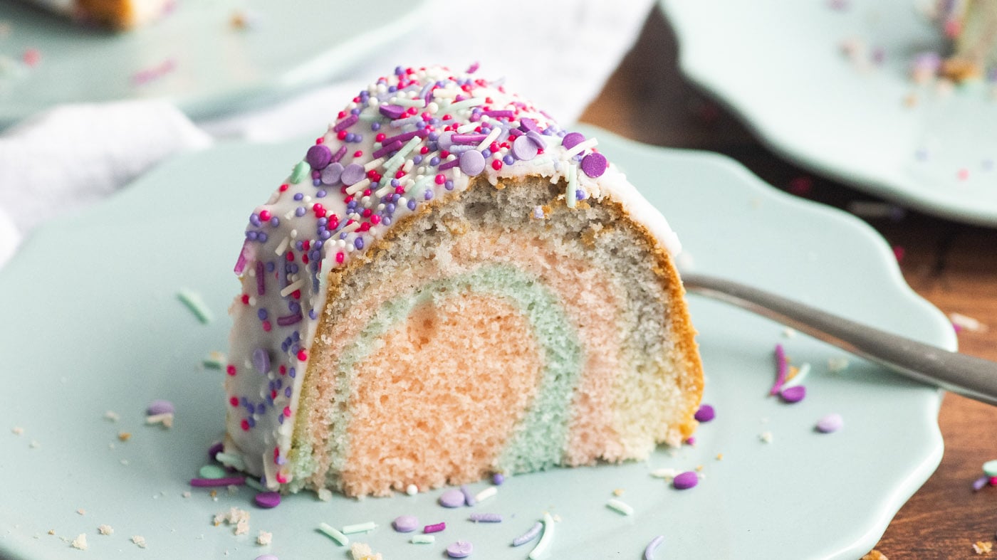 This easy unicorn bundt cake is as simple as boxed cake mix that’s swirled into a pretty pastel rain