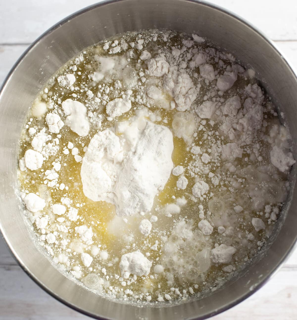 cake mix with oil and eggs in a bowl