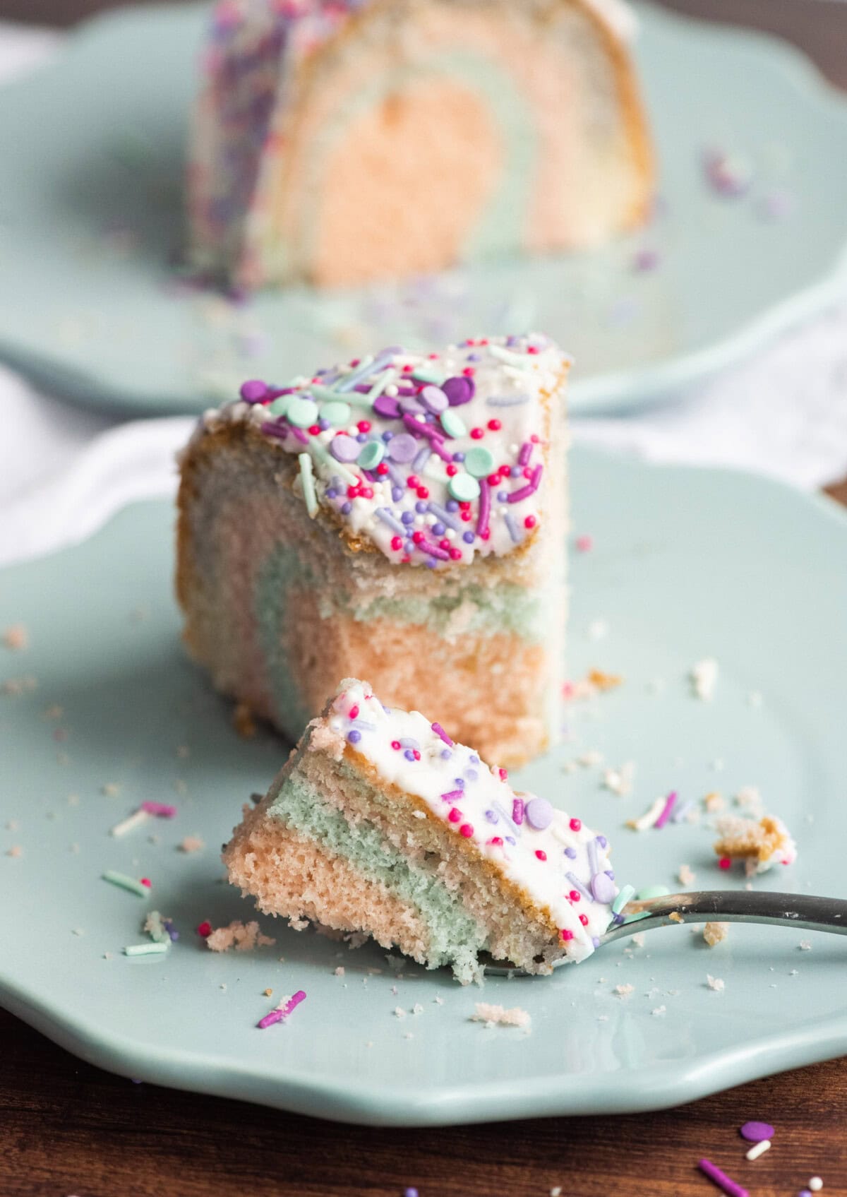 cut slice of Unicorn Bundt Cake