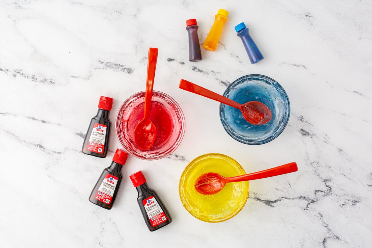 colorful candy with extracts in bowls