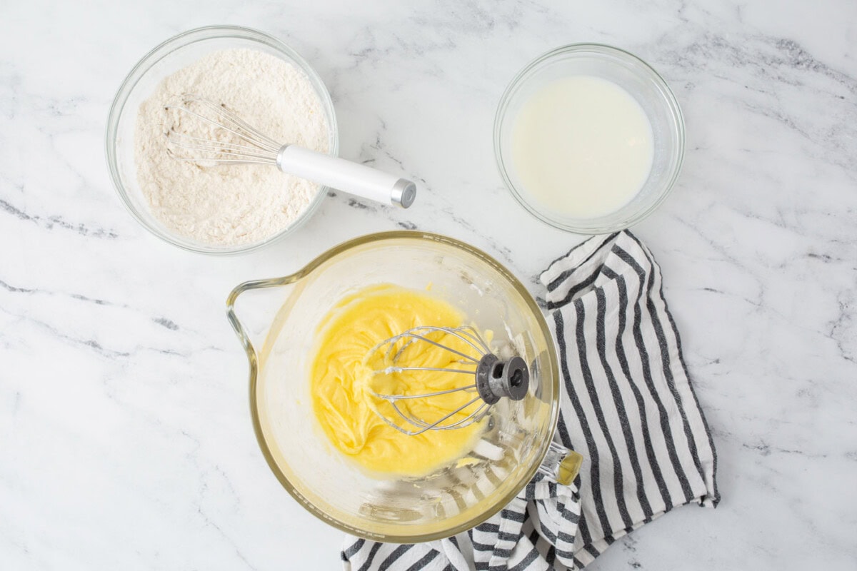 ingredients for lemon cake in bowls