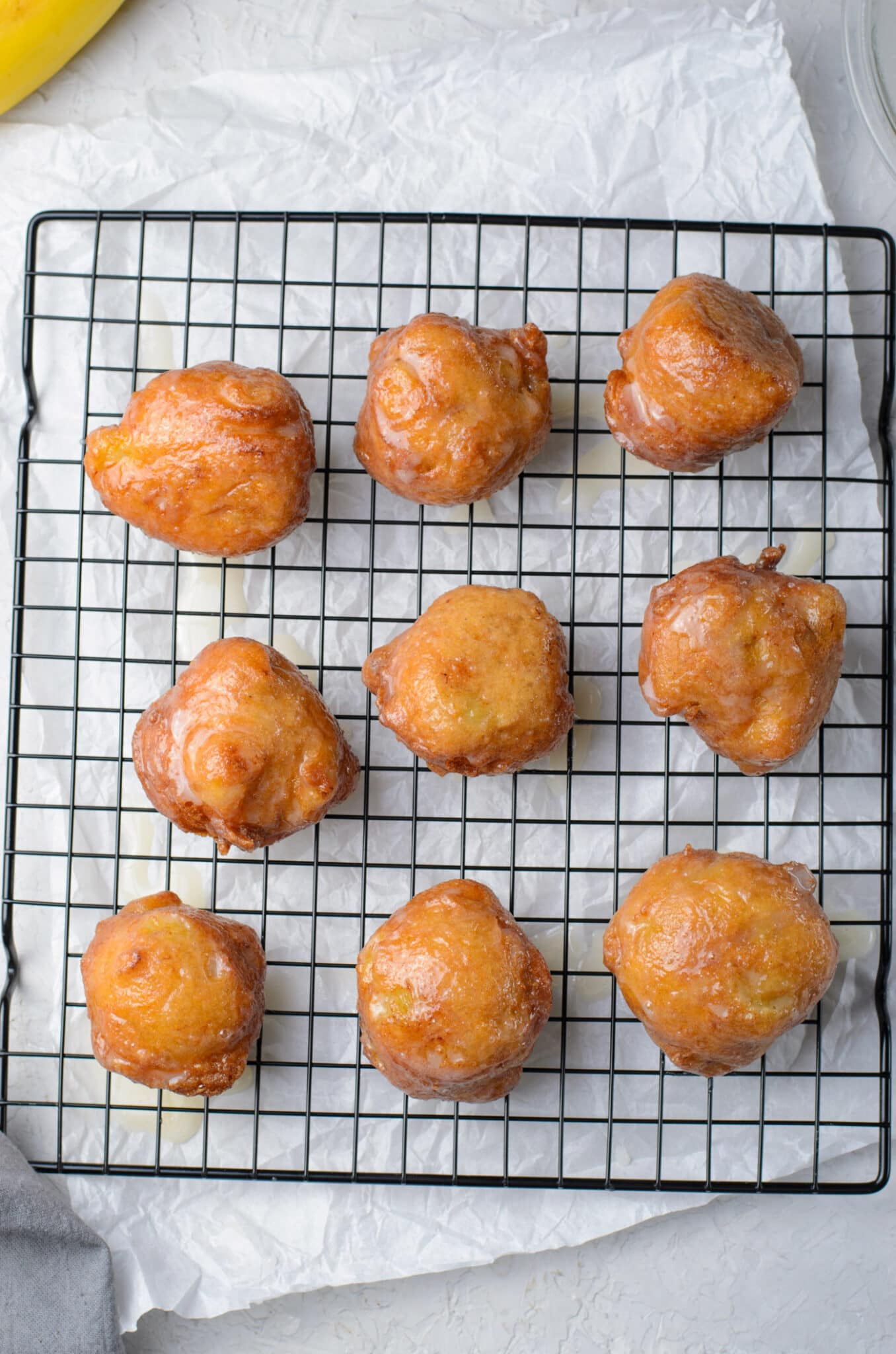 Banana Fritters on a wire rack
