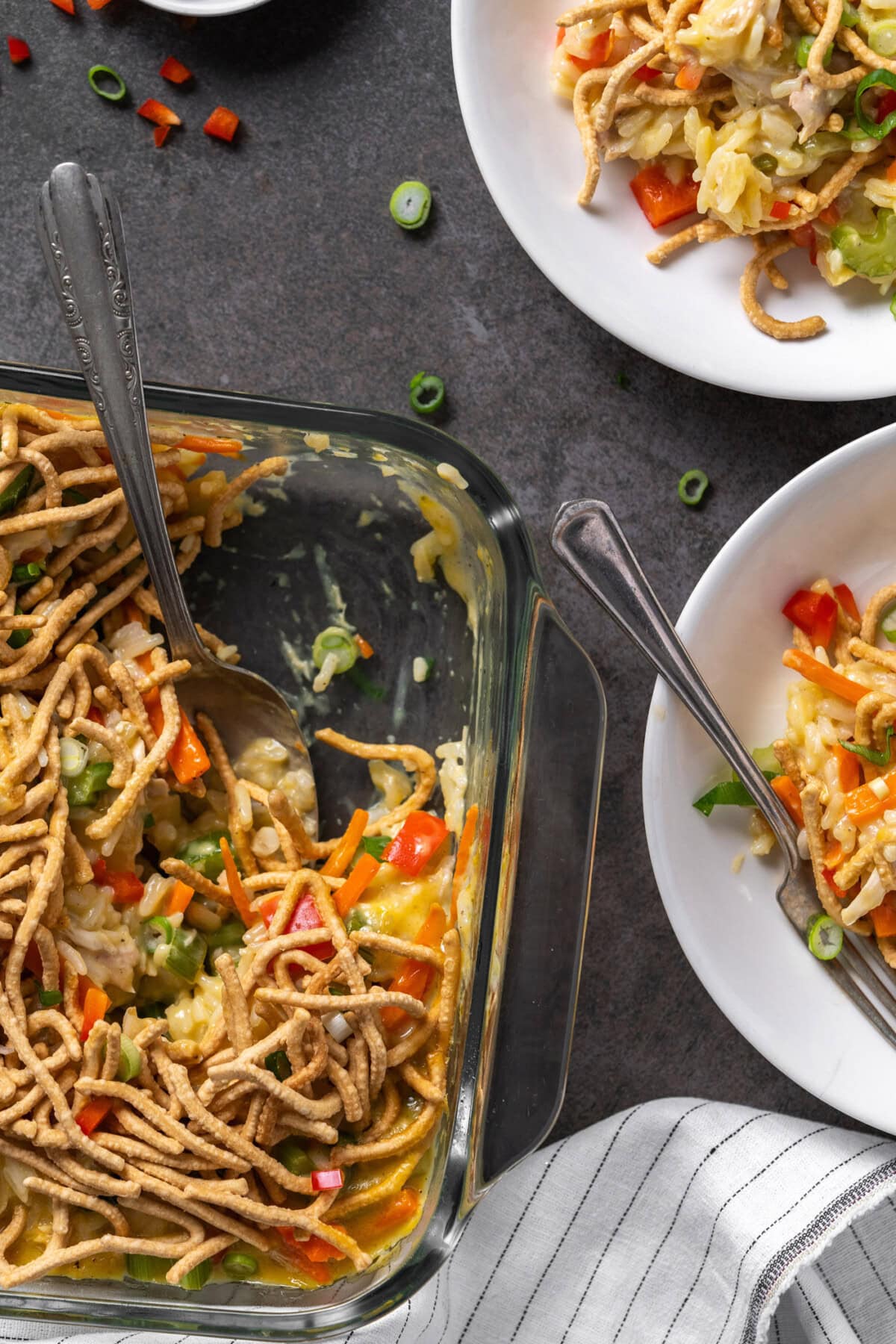 Chicken Chow Mein Casserole with plates