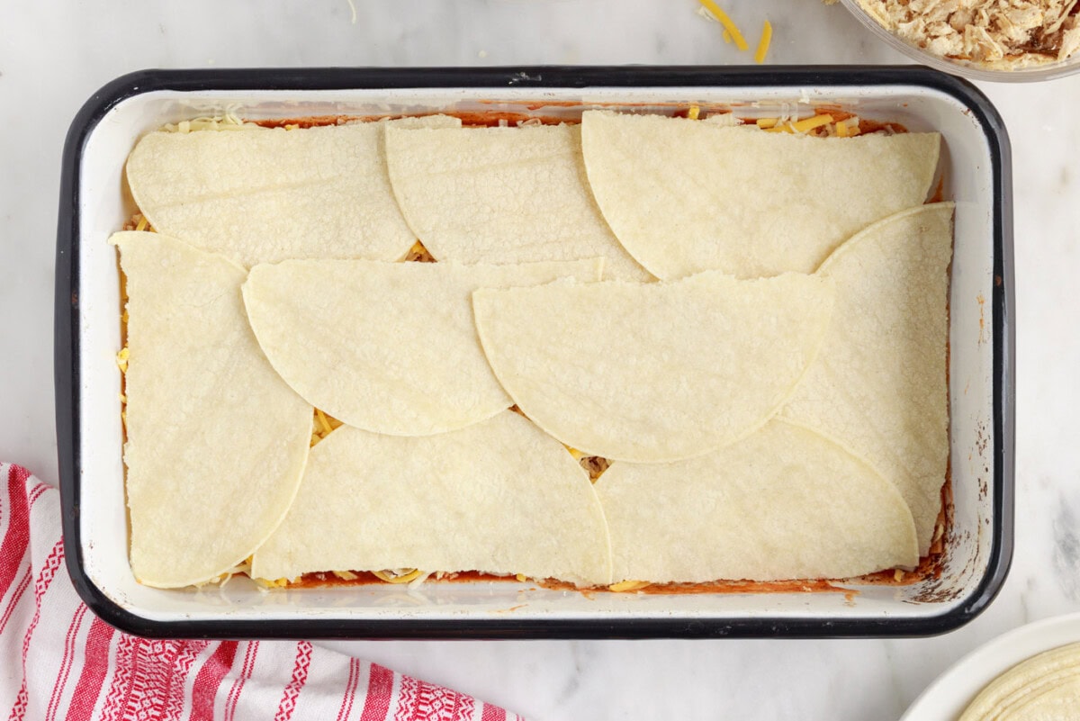 layer of tortillas on enchilada casserole