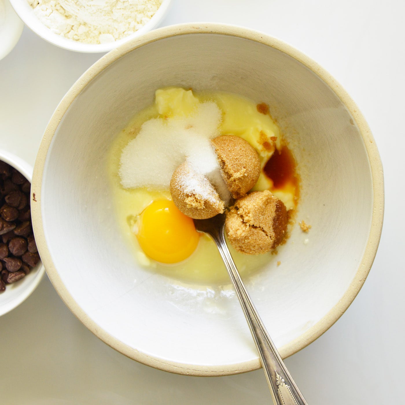 egg yolk, butter, brown sugar, granulated sugar and vanilla in a mixing bowl