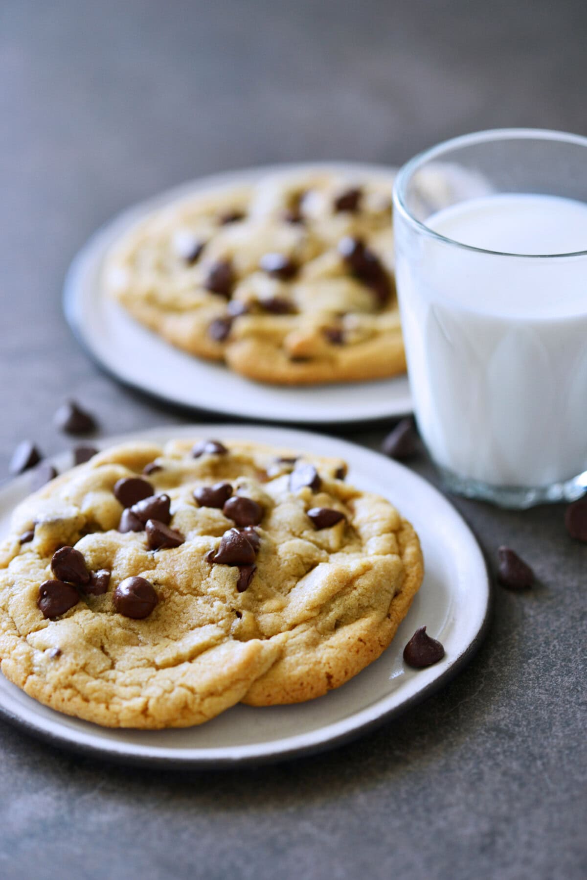 two chocolate chip cookies wit hmilk