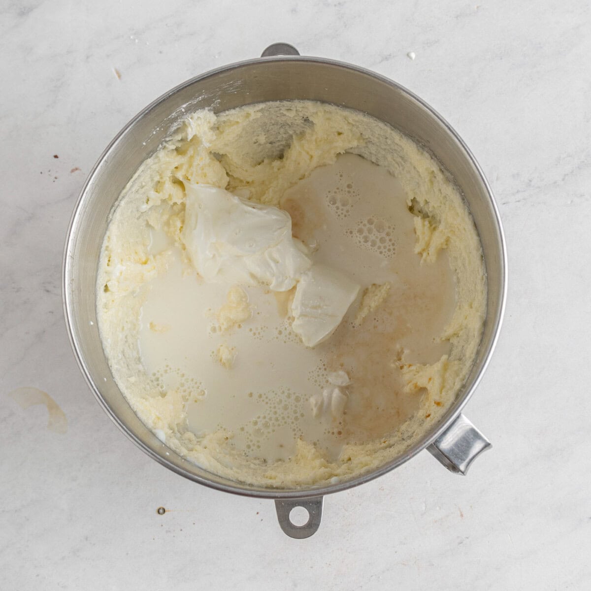 pound cake batter in a mixer bowl