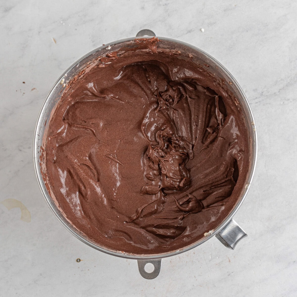 chocolate pound cake batter in a mixing bowl
