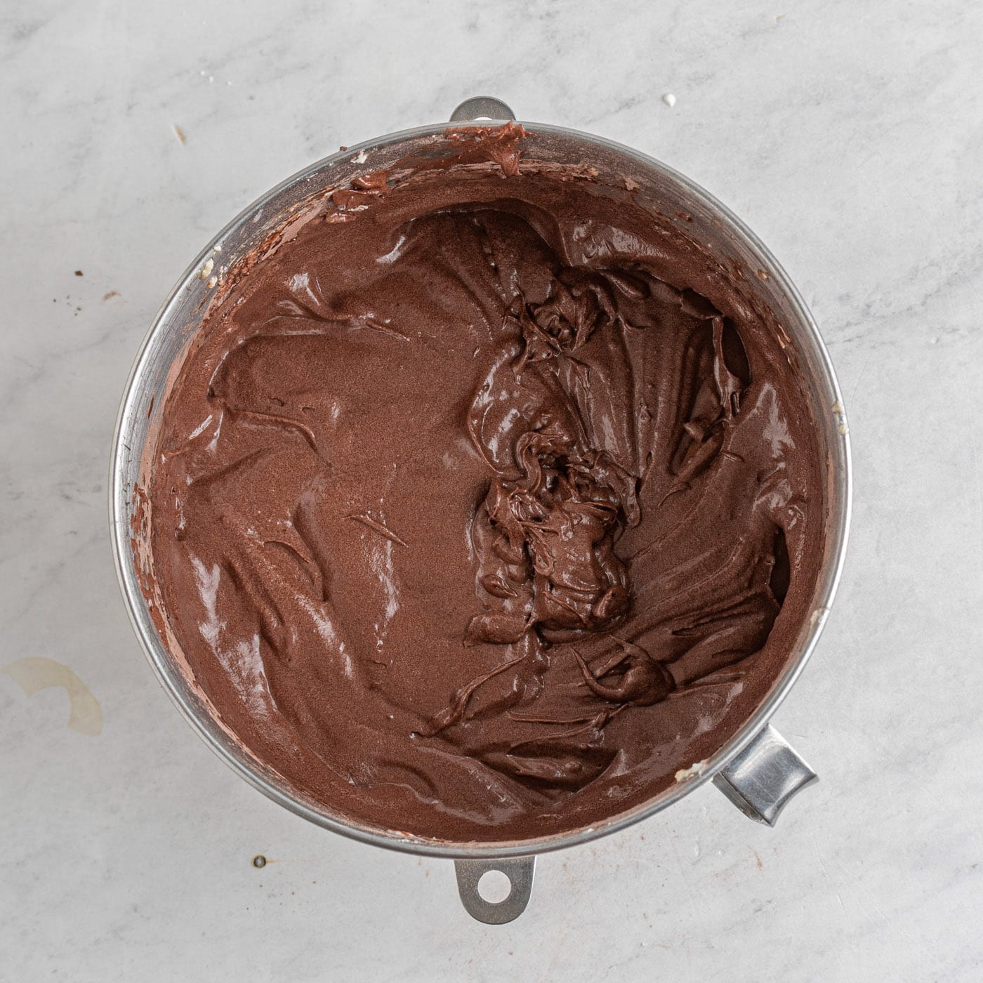 chocolate pound cake batter in a mixing bowl