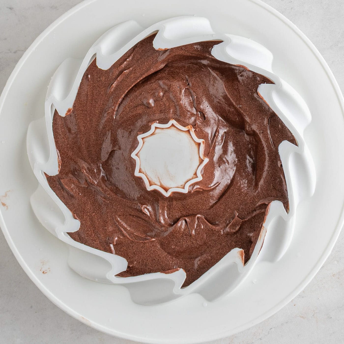chocolate pound cake in a silicone bundt pan