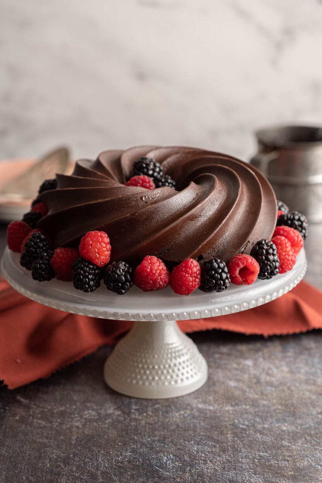 Chocolate Pound Cake on a cake plate