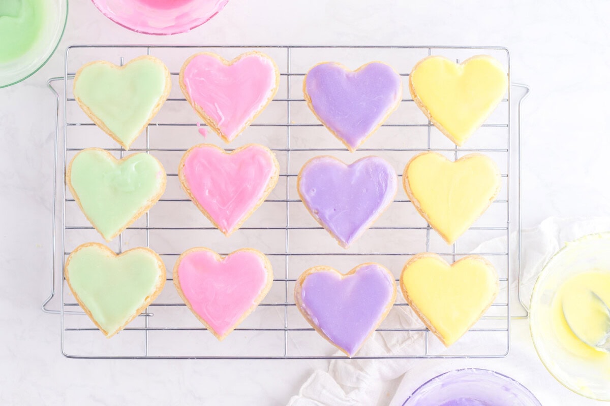 pastel colored heart shaped sugar cookies