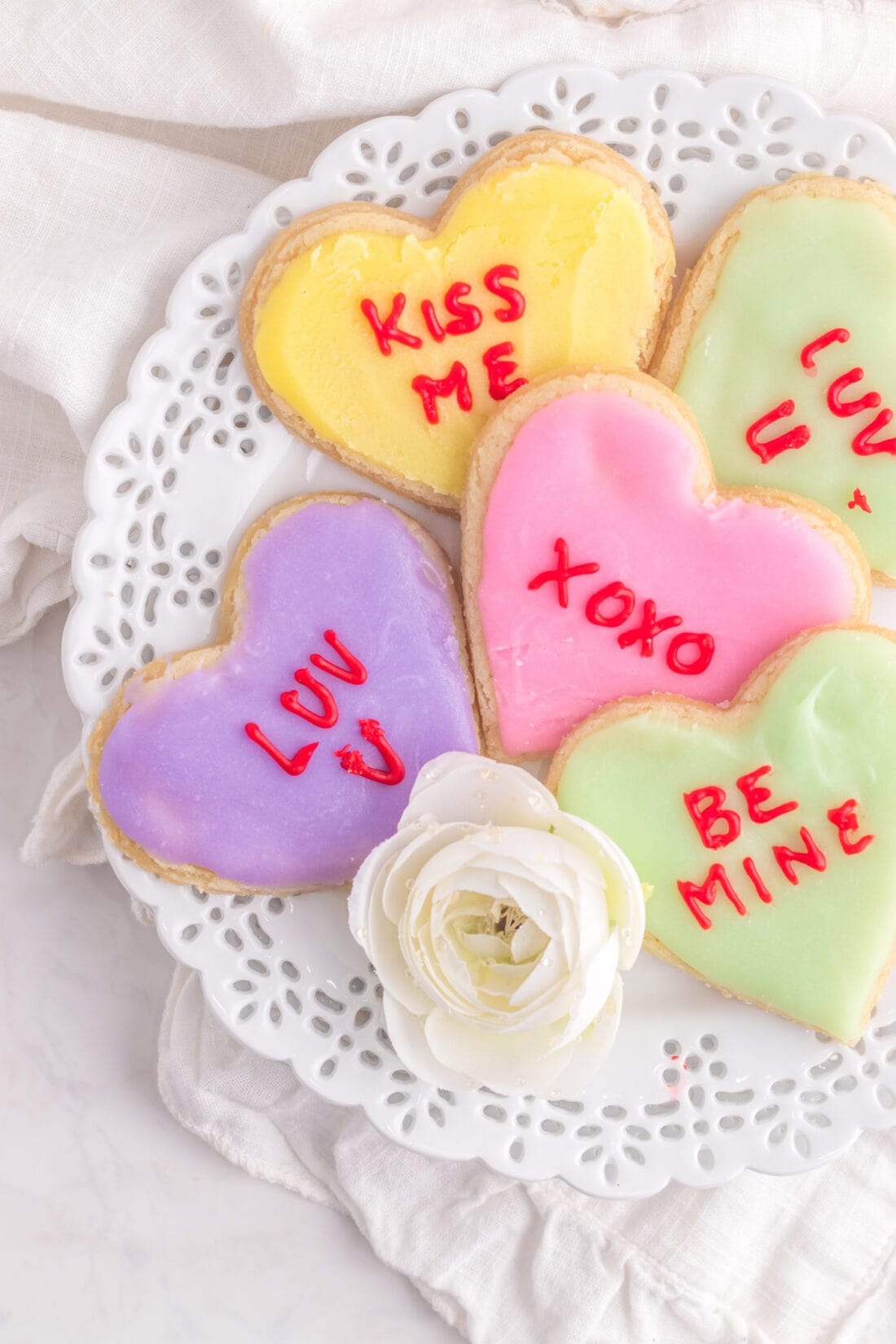 Conversation Heart Cookies on a plate