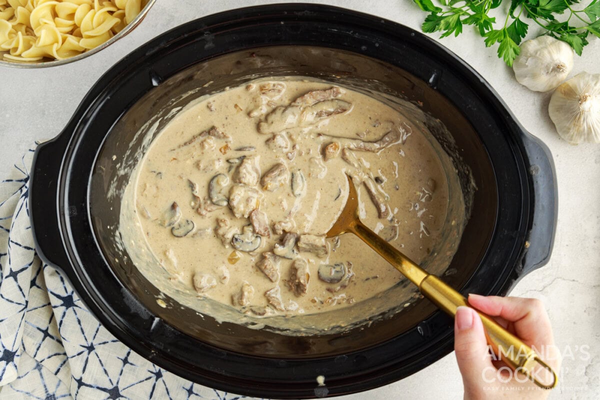 stirring crockpot beef stroganoff