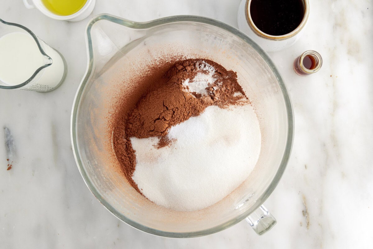 chocolate cupcake dry ingredients in a mixing bowl
