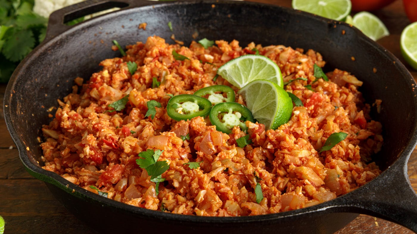 Mexican cauliflower rice is easy to make using pre-riced cauliflower, Rotel tomatoes, tomato paste, 