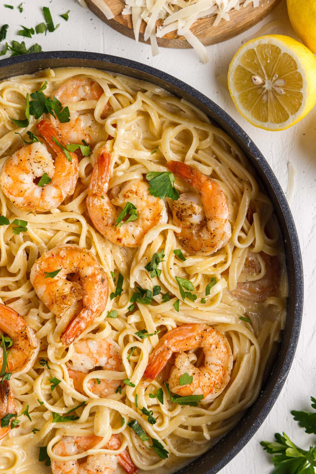 Close up photo of Shrimp Pasta in a skillet