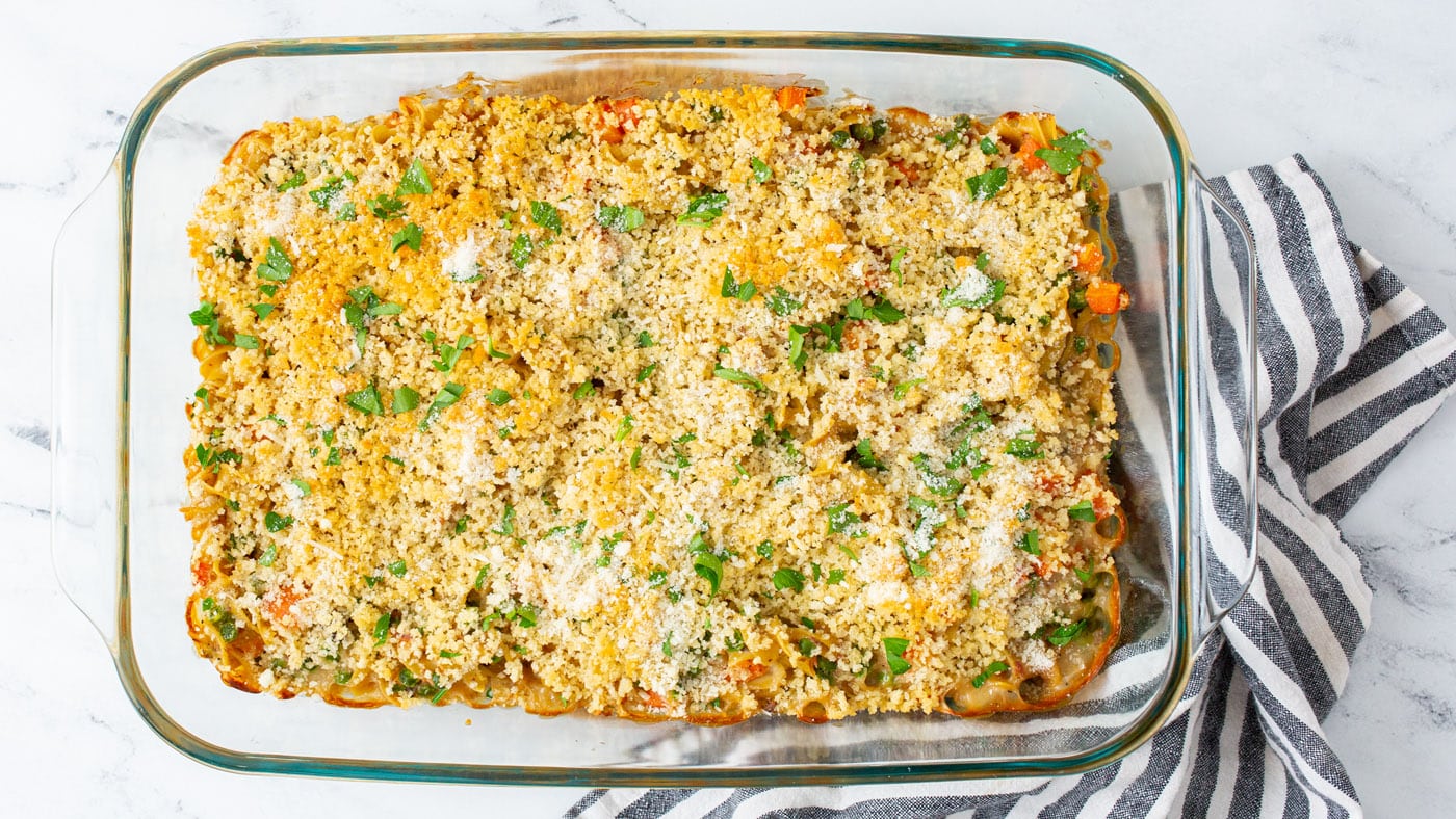 This tuna noodle casserole is a comfort food classic with simple ingredients and minimal prep time.