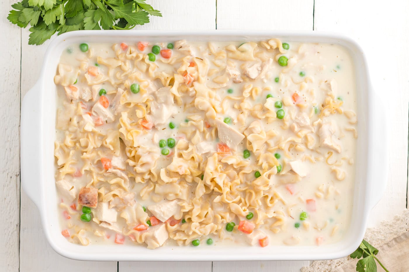 chicken noodle casserole in a baking dish