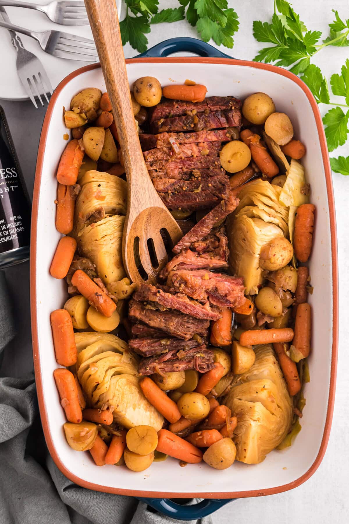 Crockpot Corned Beef in a baking dish