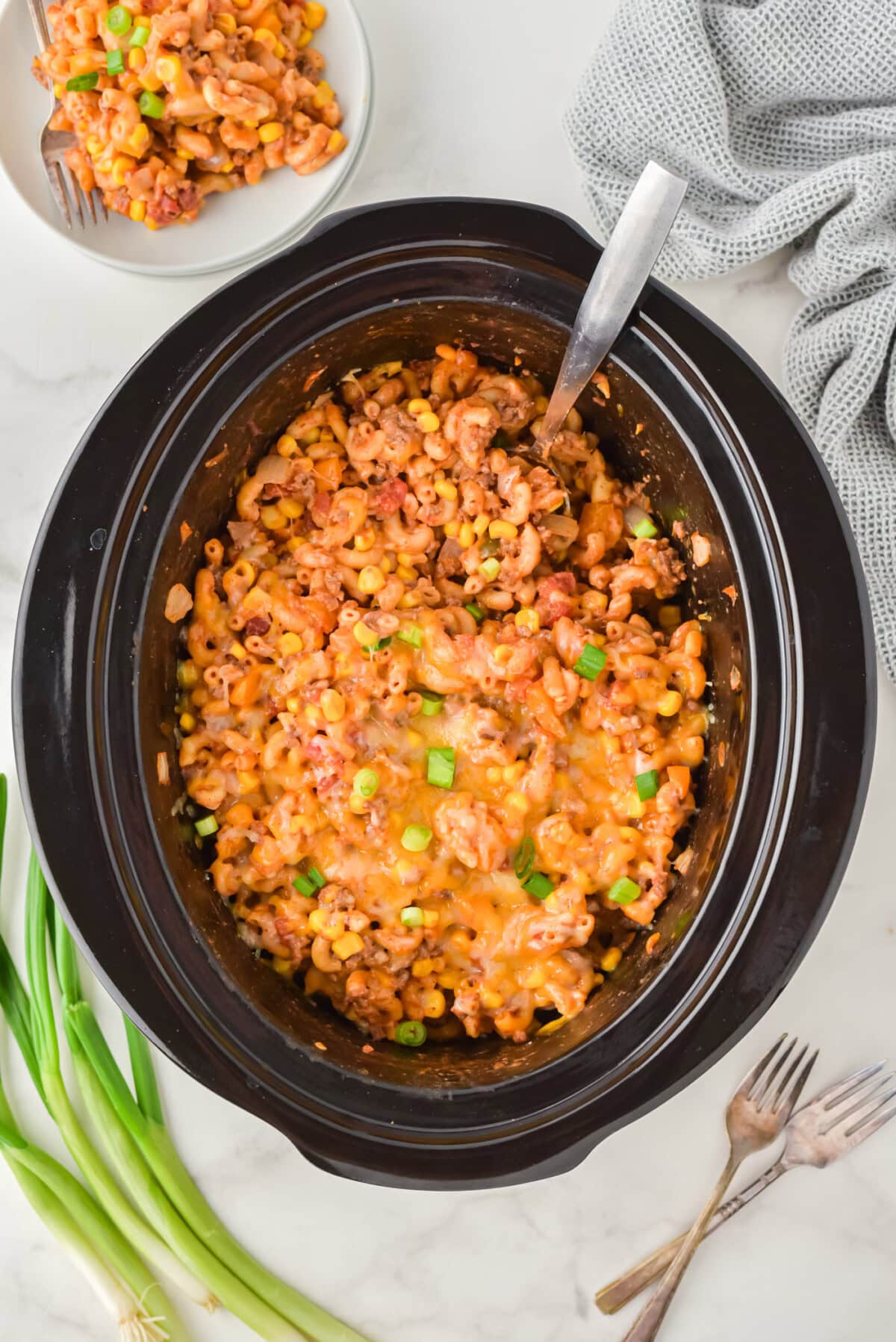 overhead photo of Crockpot Ground Beef Casserole