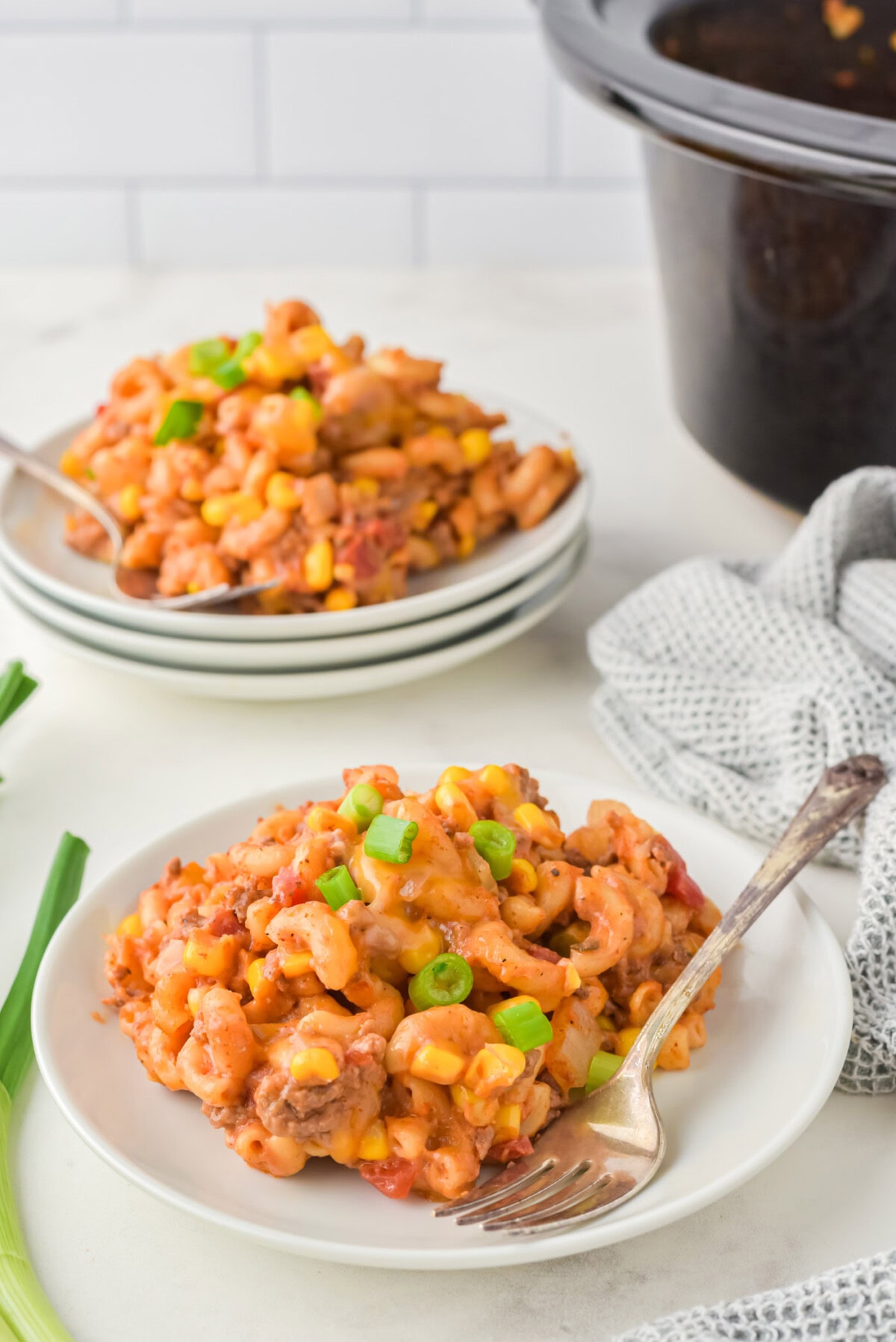 2 plates of Crockpot Ground Beef Casserole