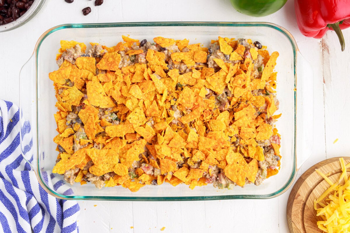 crushed dorito chips on top of ground beef