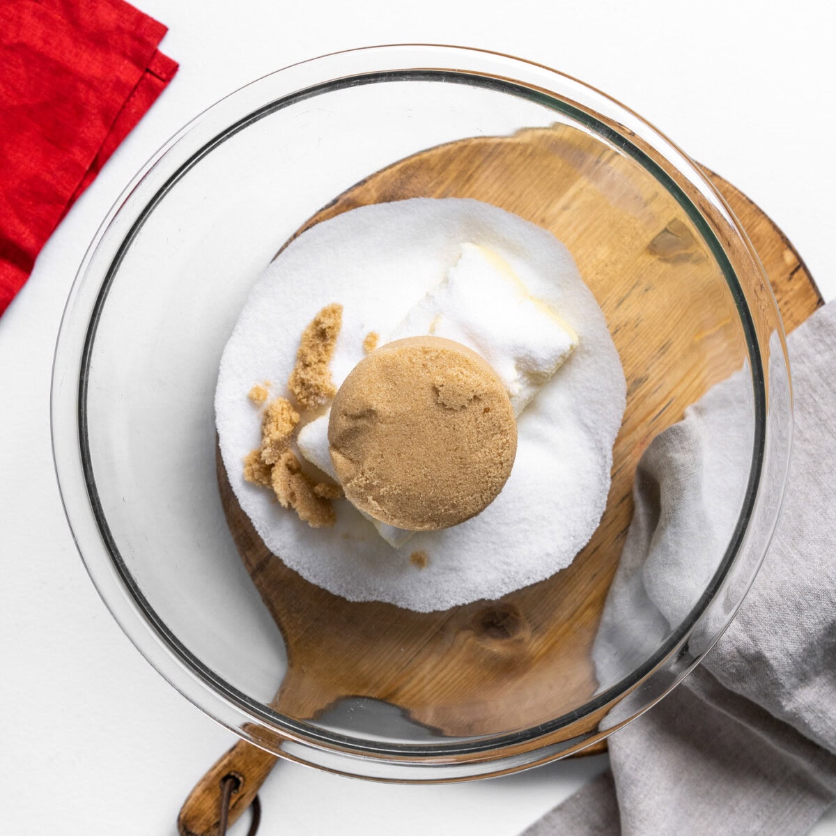 brown sugar, sugar, and butter in a bowl