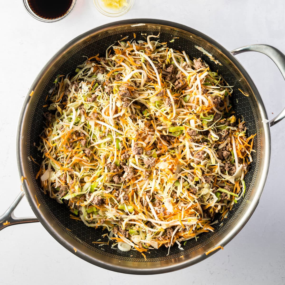 egg roll in a bowl cooked in a skillet
