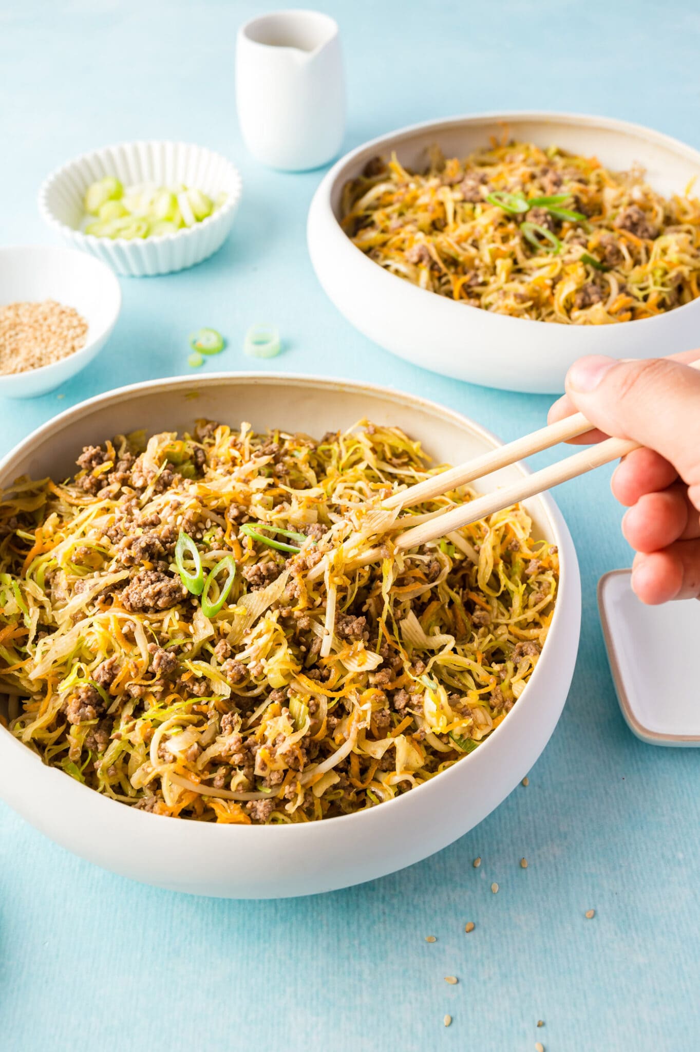 chopsticks and Egg Roll in a Bowl