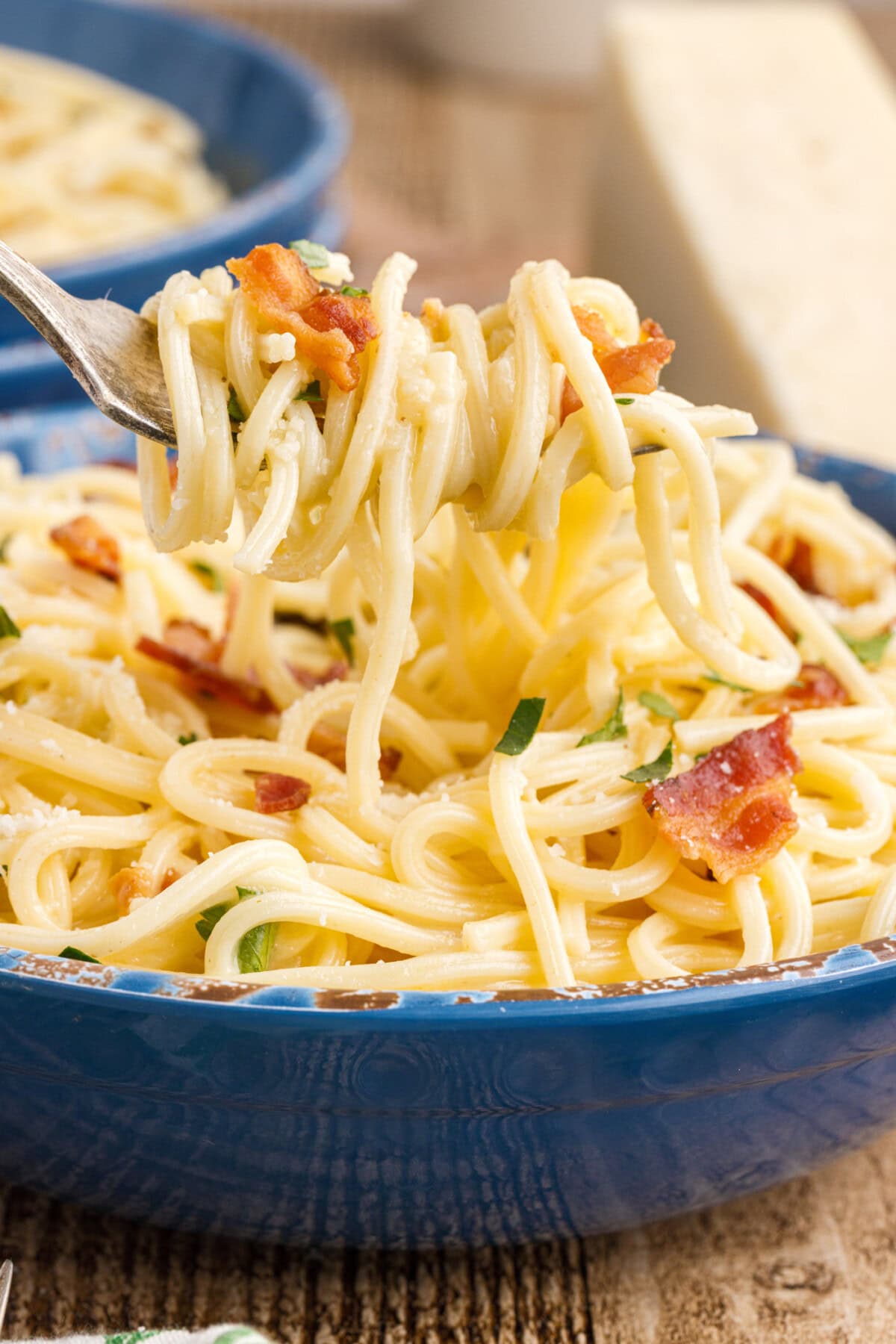 lifting Pasta Carbonara with a fork