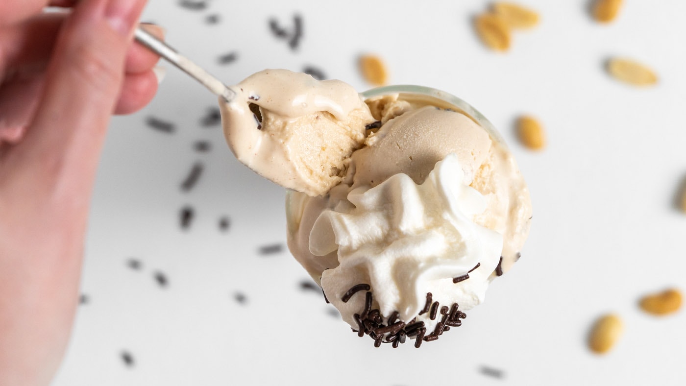 Creamy churned peanut butter chocolate chip ice cream is made with melted bittersweet chocolate chip