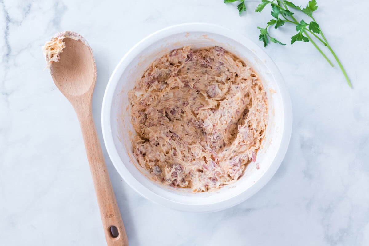 Reuben Dip in a mixing bowl