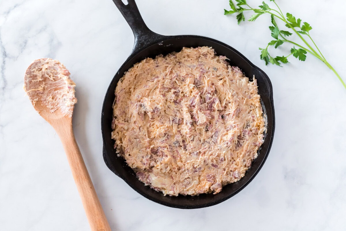 Reuben dip in a skillet