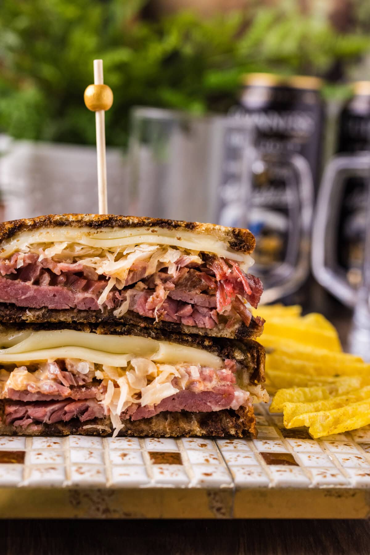 Close up photo of half of a Reuben Sandwich