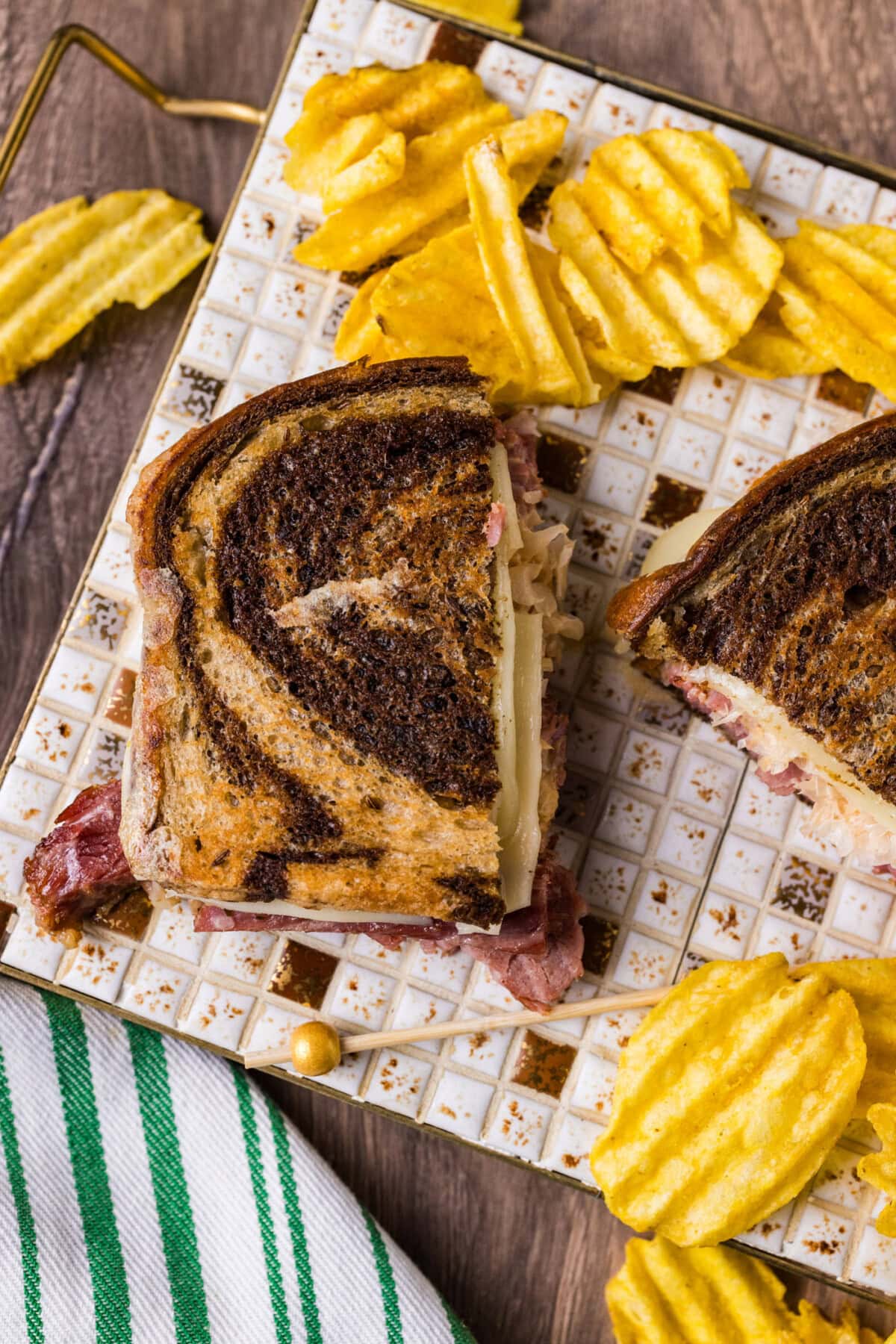 Overhead photo of half of a Reuben Sandwich